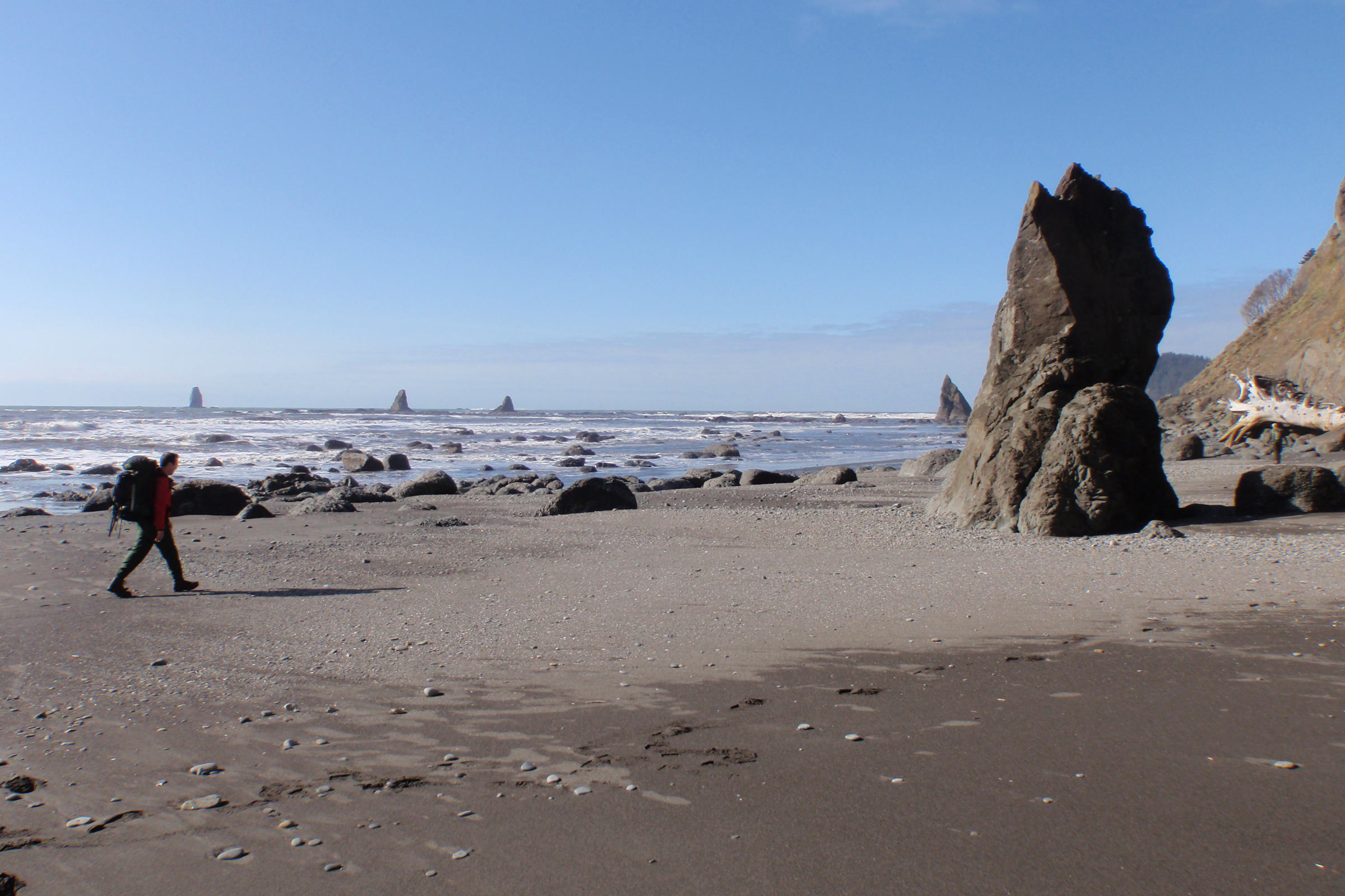 A lone backpacker walks across wet sand beside a jagged sea stack on the Olympic wilderness coast