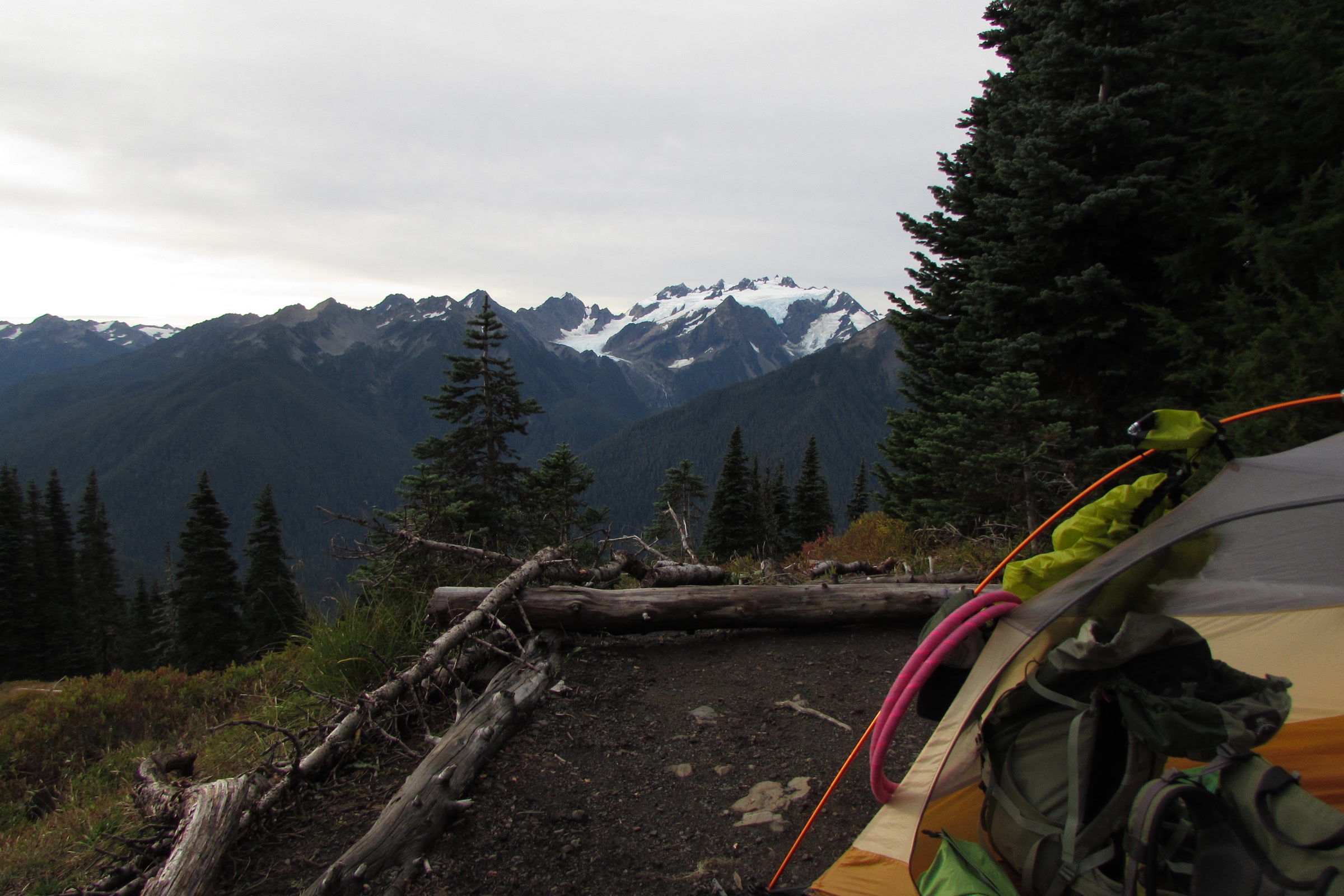 A backpacking tent pitched at a bare subalpine campsite above forested valleys and snowy Olympic peaks
