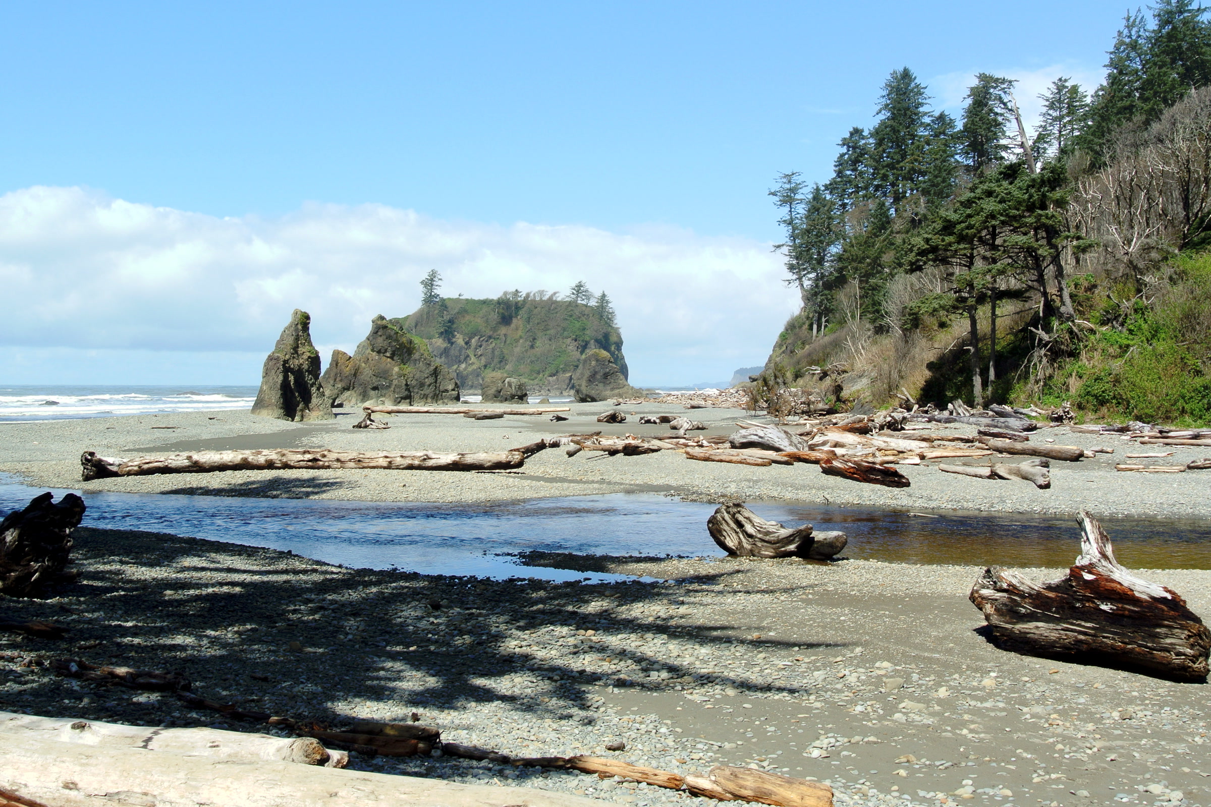 Cedar Creek winding across Ruby Beach toward the ocean, with drift logs, sea stacks and Abbey Island beyond