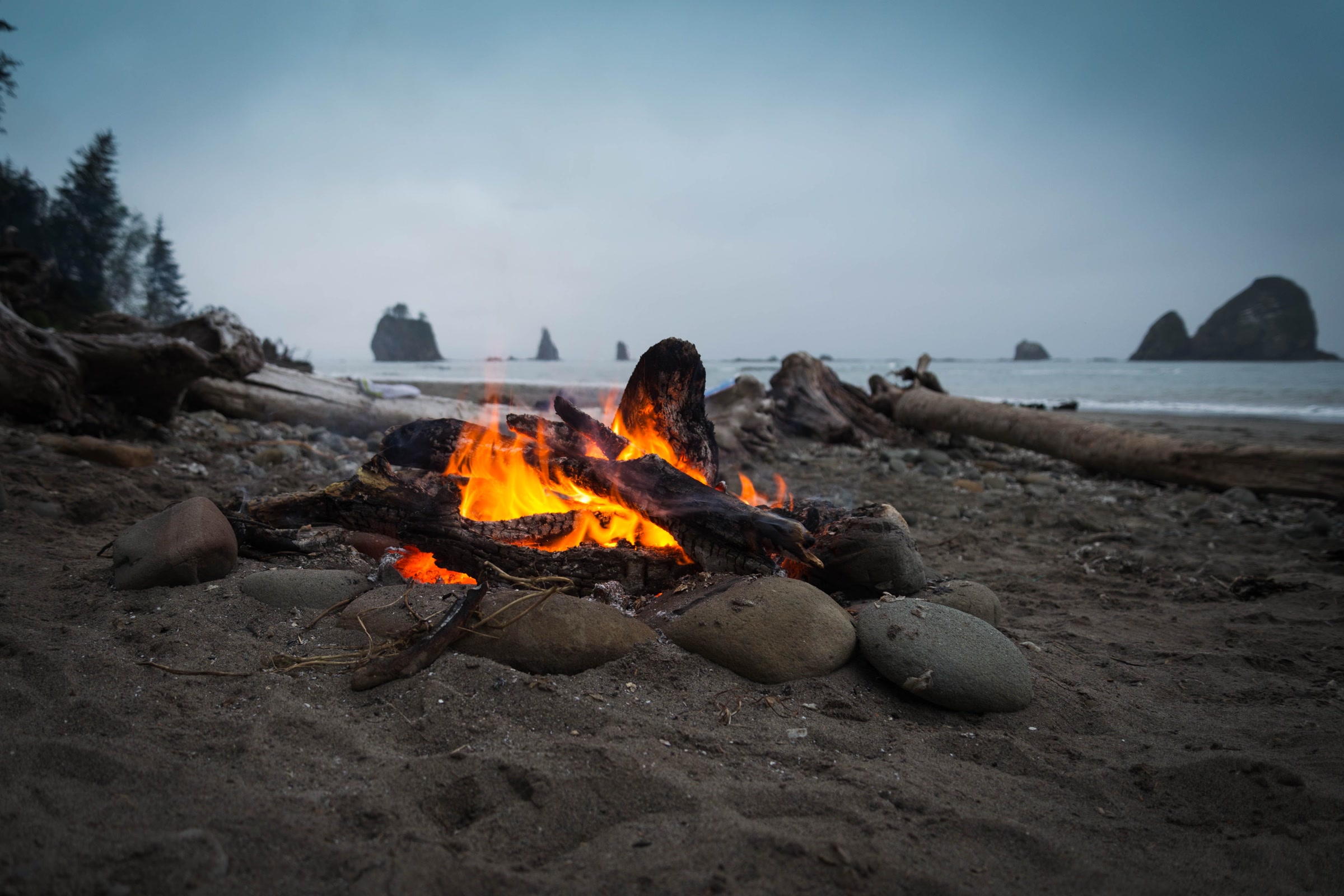 A small driftwood campfire ringed with beach stones on dark sand, with sea stacks offshore under grey skies