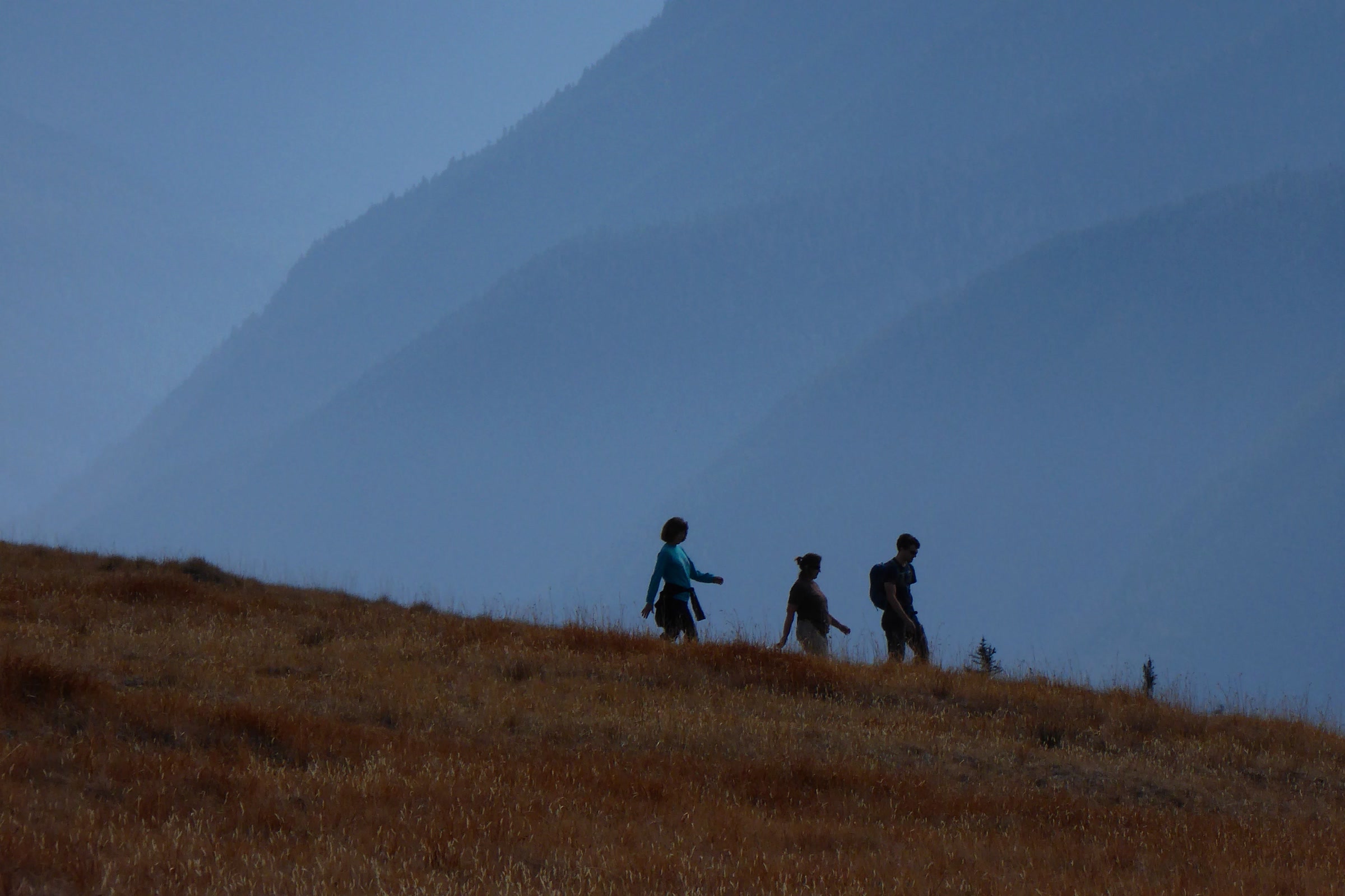 Three hikers silhouetted on a grassy Hurricane Hill slope against hazy blue mountain ridges in autumn