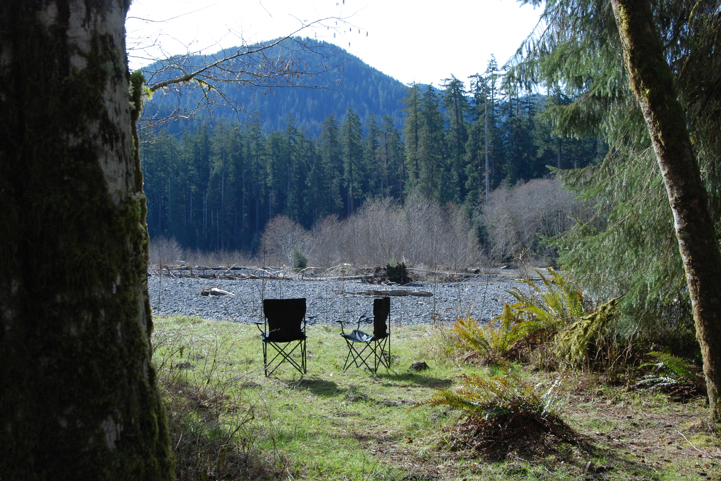 Two camp chairs on a grassy campsite at Hoh Campground looking out over the Hoh River gravel bar to forested hills