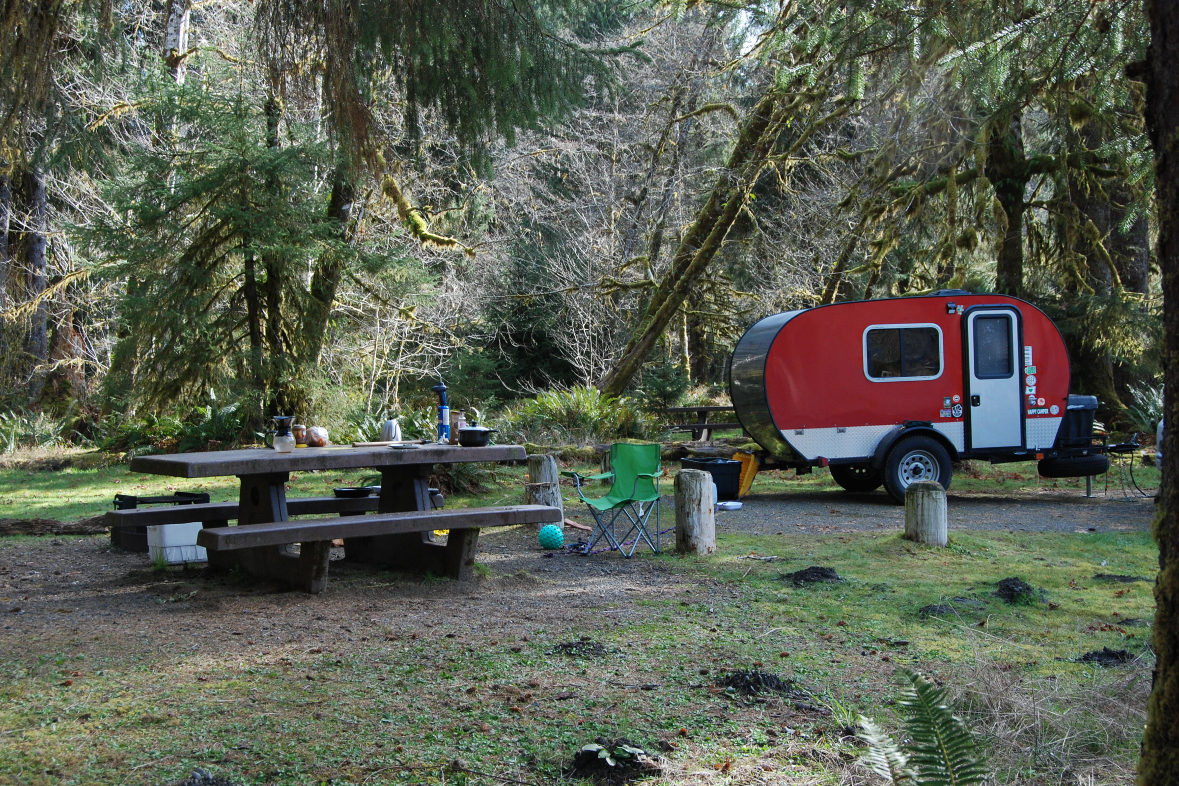 A small red teardrop trailer parked at a campsite with a picnic table among mossy trees at Hoh Campground
