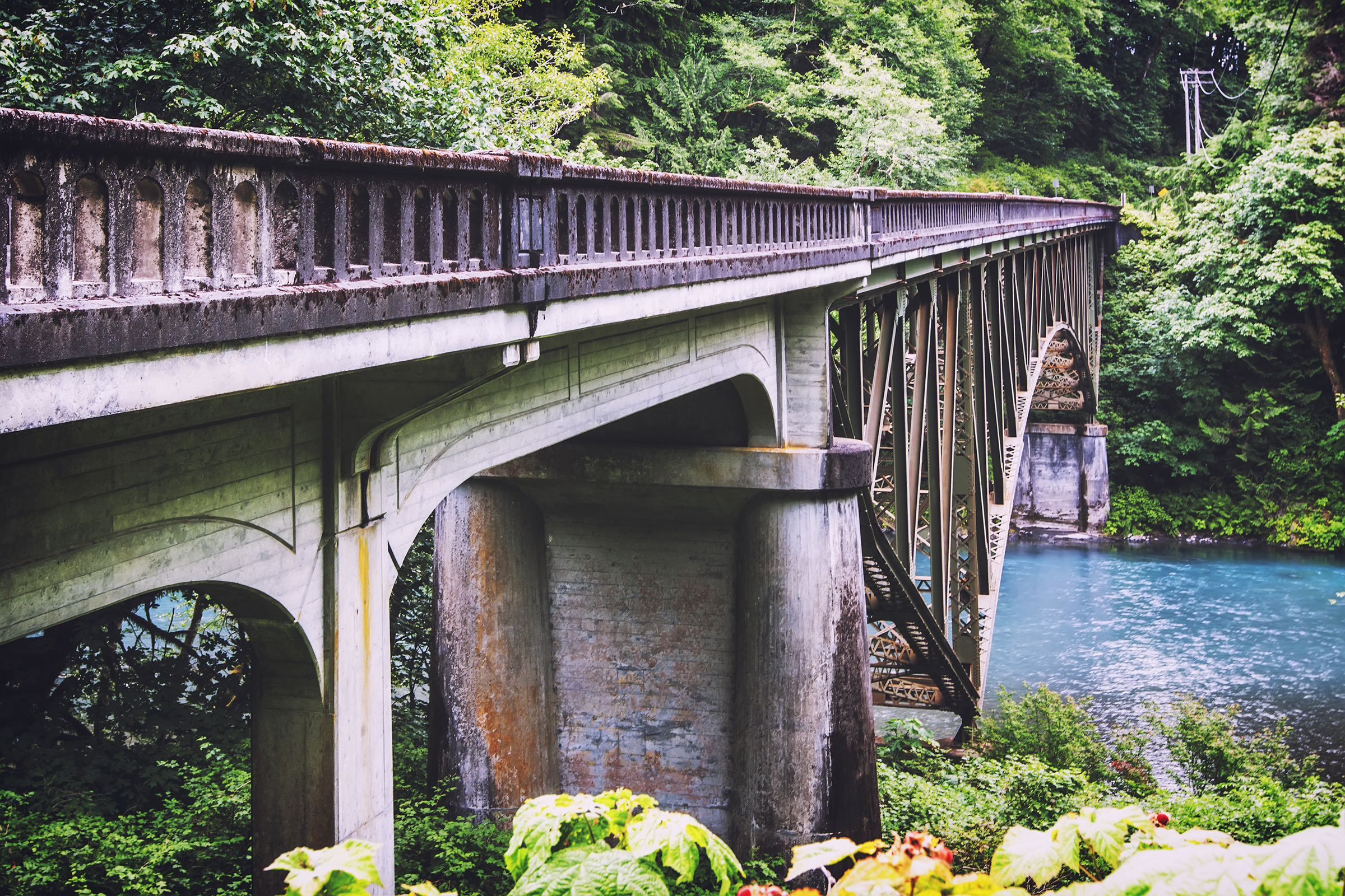 The concrete arches and steel span of the US 101 Hoh River Bridge seen from below among riverside trees