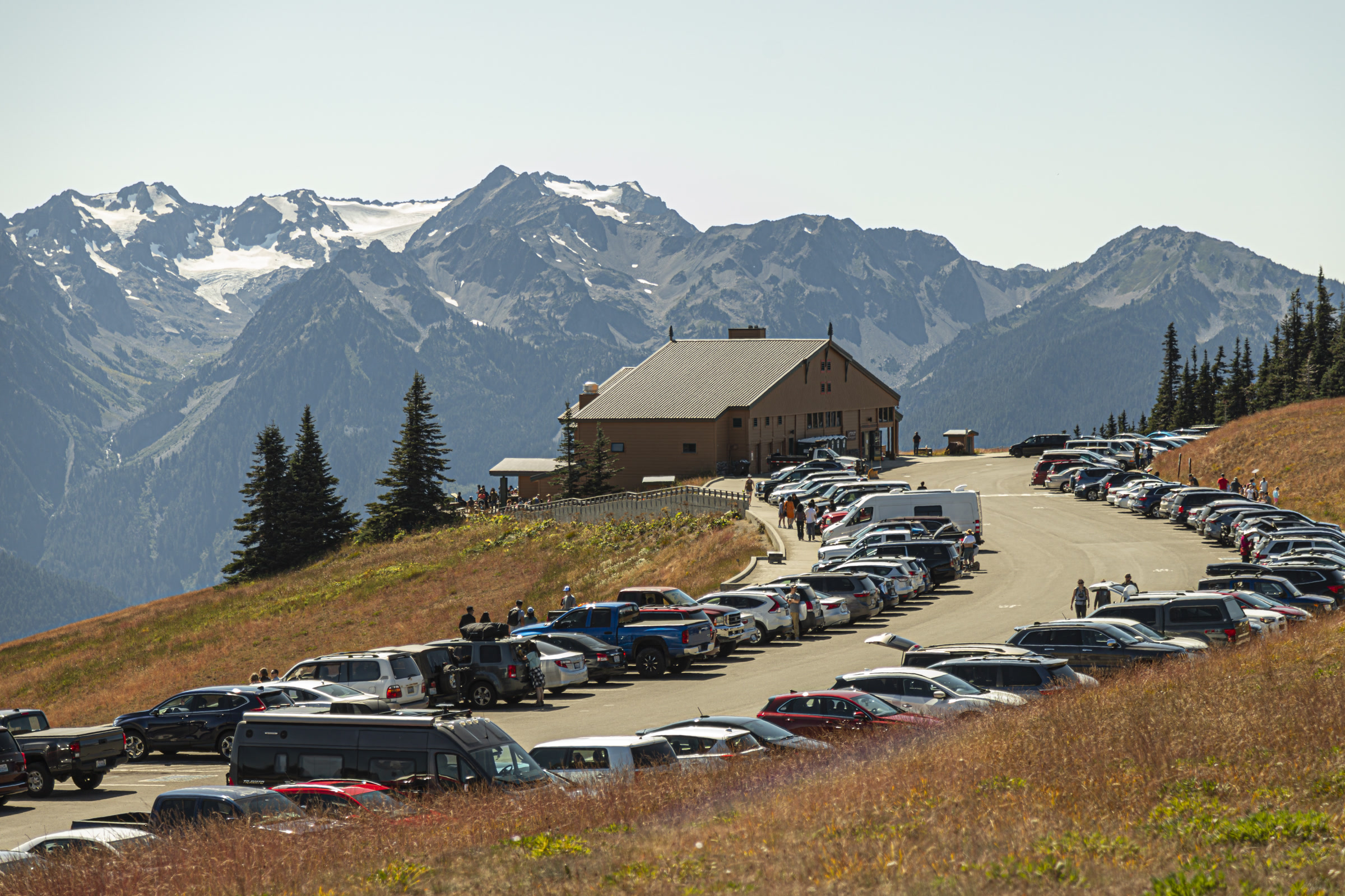 Hurricane Ridge Day Lodge on a busy summer day, with a full parking lot and snow-capped Olympic Mountains behind