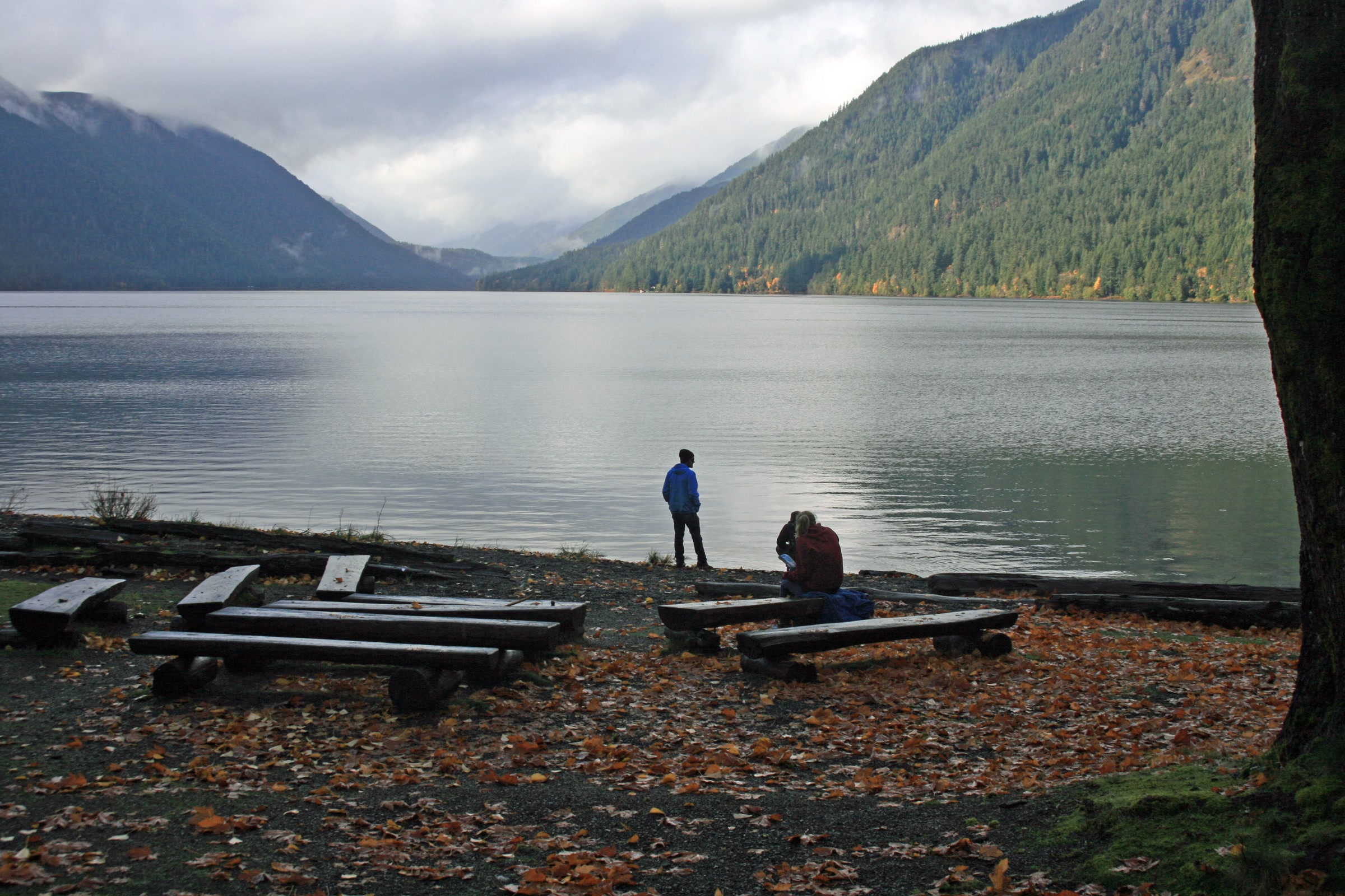Two visitors at the edge of Lake Crescent beside log benches and fallen autumn leaves, with misty forested mountains beyond