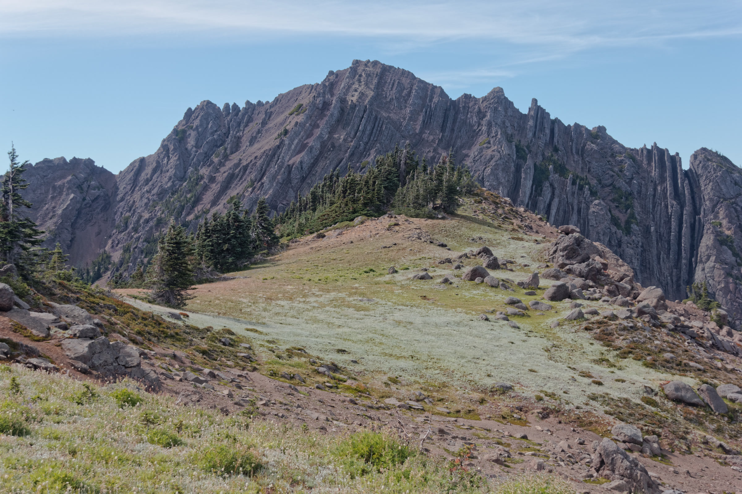The jagged rock face of Mount Angeles rising above a rocky subalpine meadow and a few firs along the Klahhane Ridge Trail