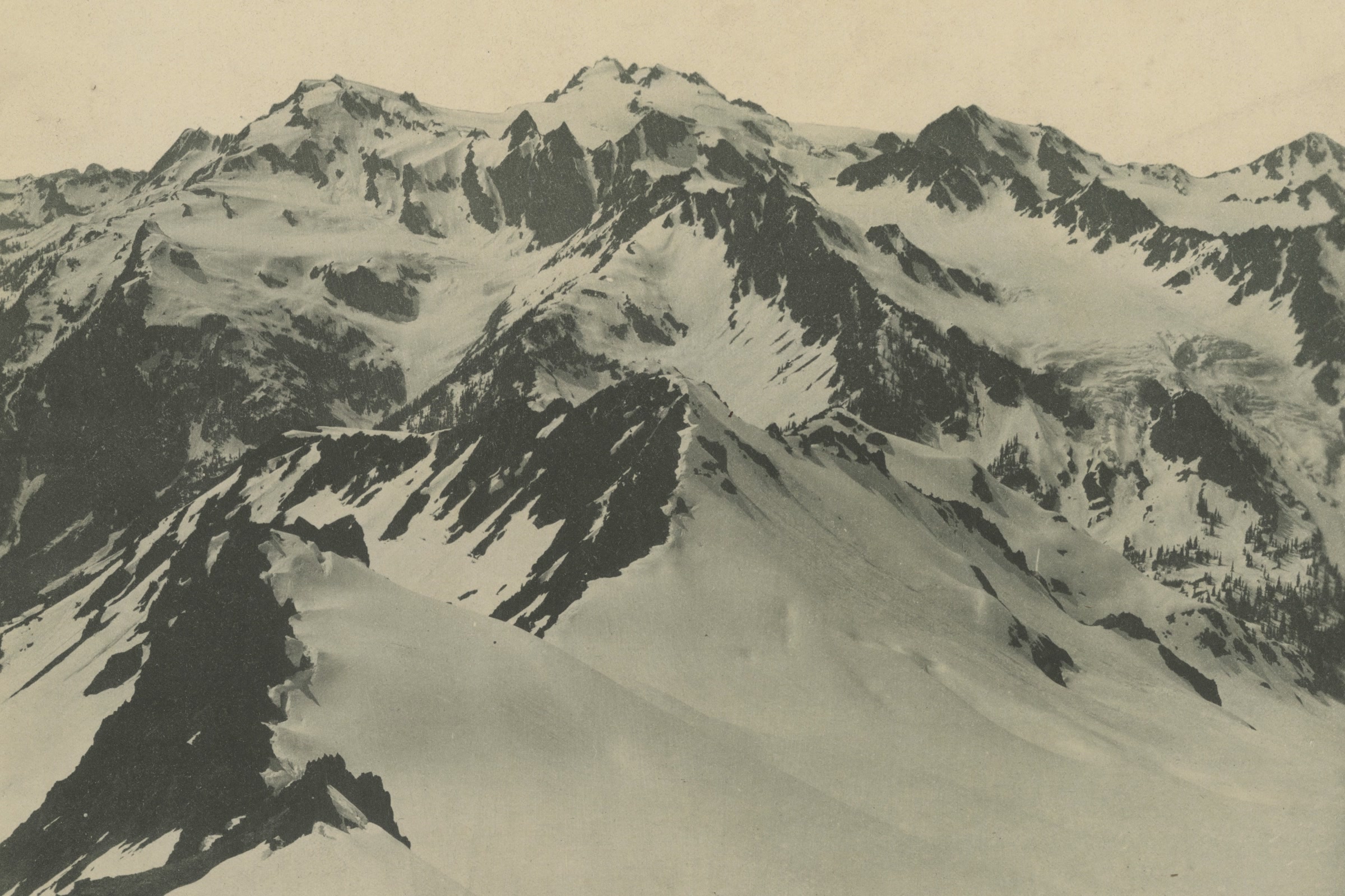 Historic 1907 black and white photograph of snowfields and jagged ridges rising to the summit of Mount Olympus