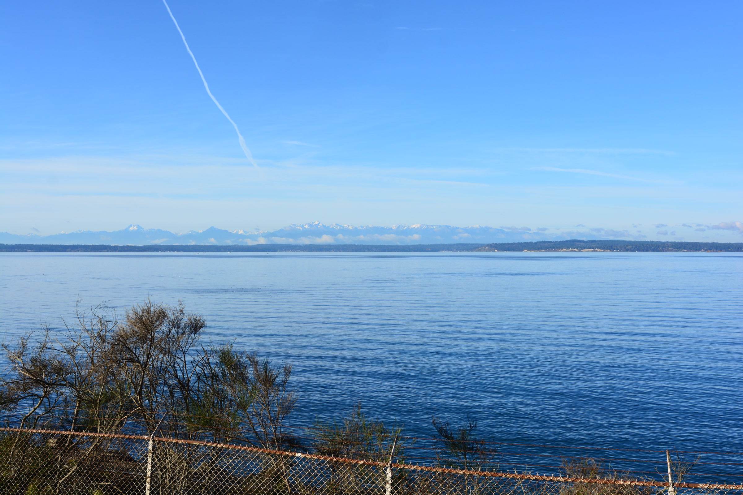 The snowy line of the Olympic Mountains on the far horizon across the calm blue water of Puget Sound