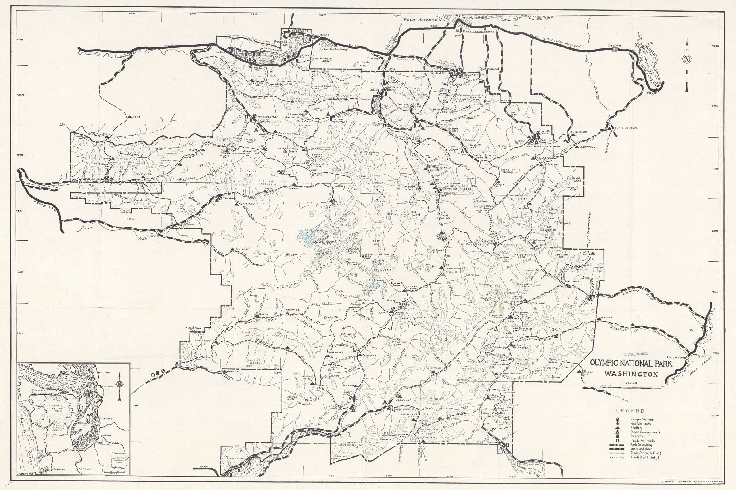 A 1949 National Park Service map of Olympic National Park showing roads, trails, ranger stations and the park boundary, with no coastal strip yet