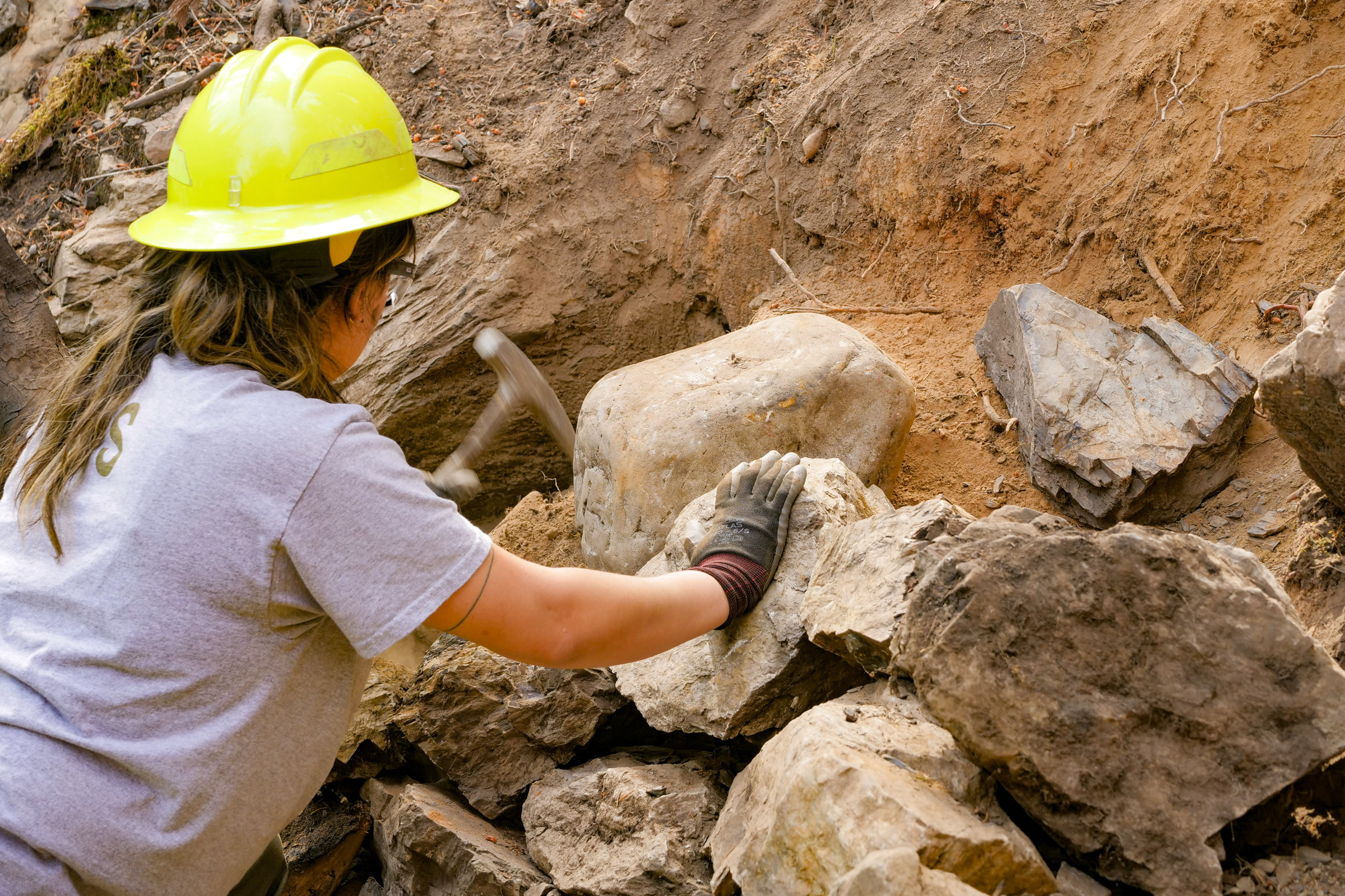 A gloved NPS trail crew member in a yellow hard hat setting stones in a rock wall to stabilize a trail