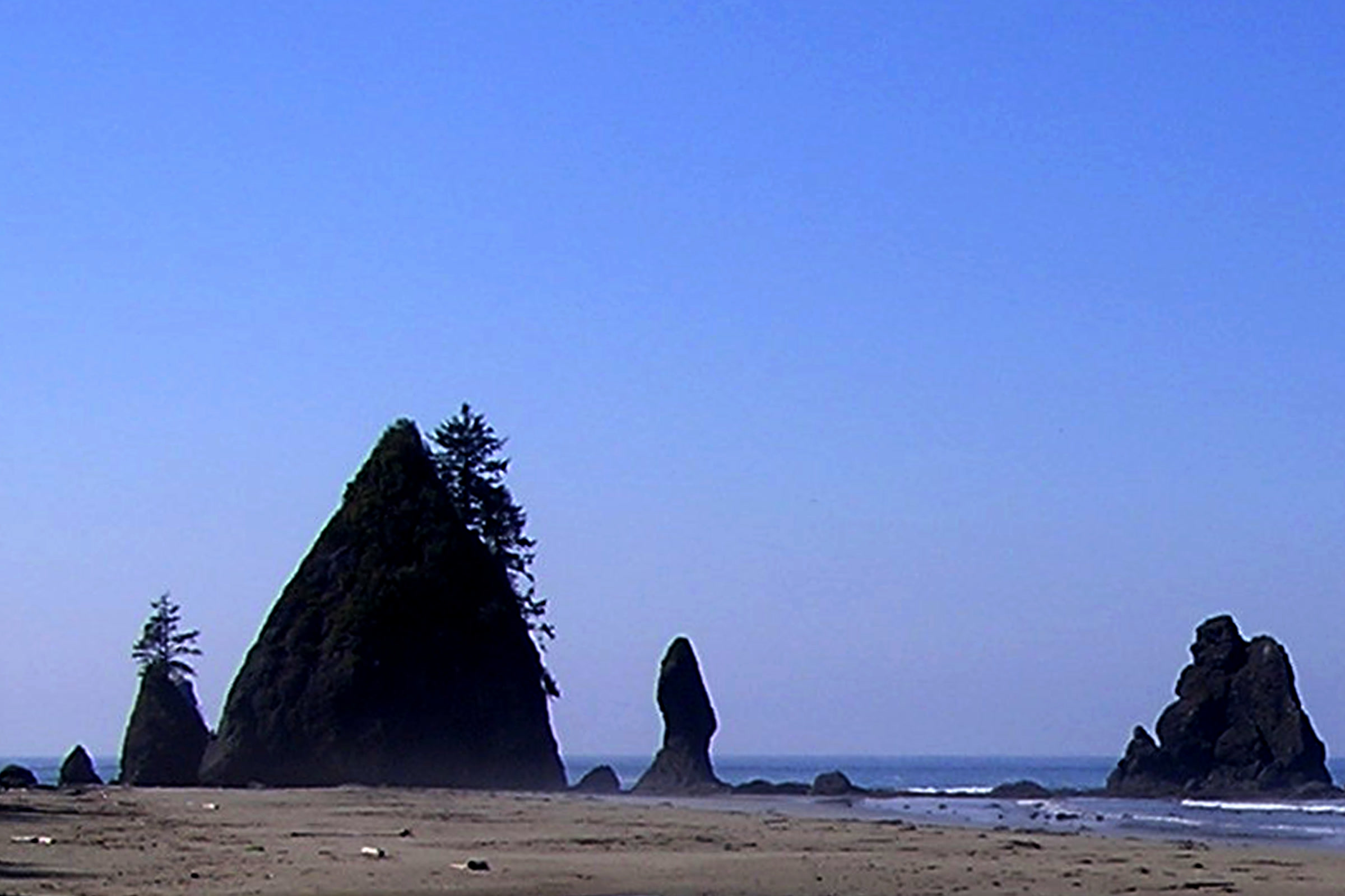 Dark silhouettes of a tall pointed sea stack topped with trees and smaller rock spires on the sand at Point of the Arches