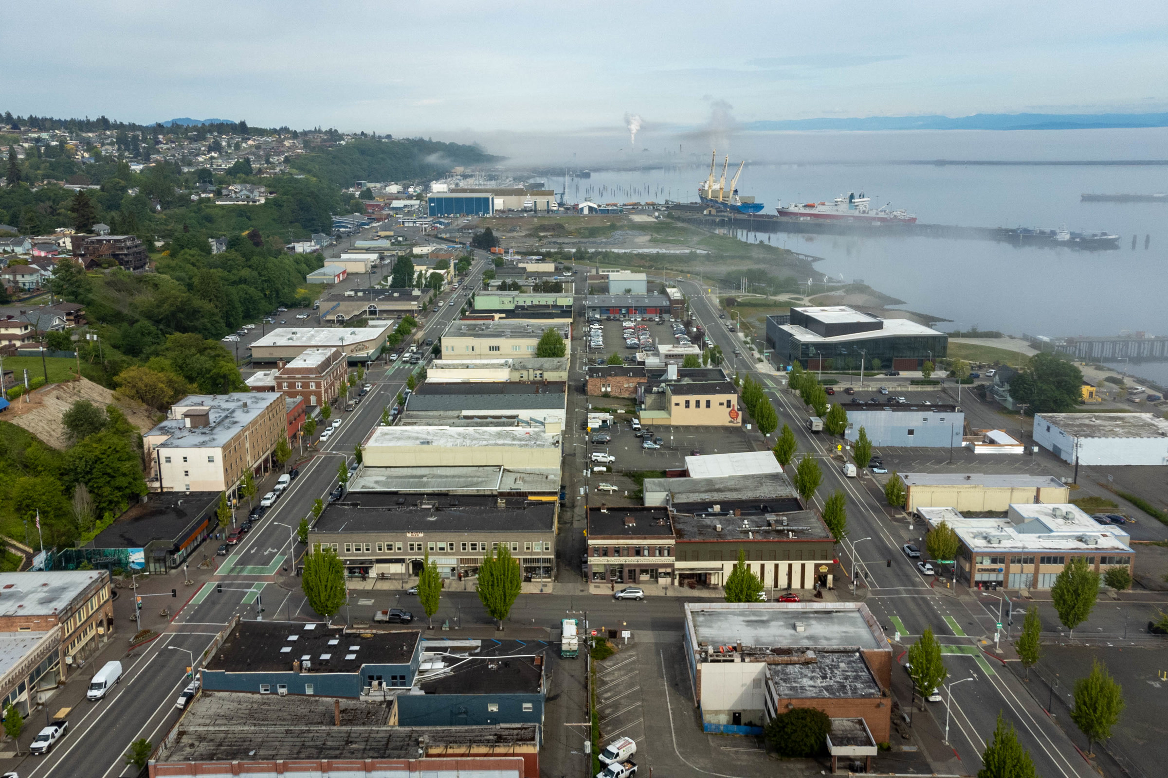 Aerial view of downtown Port Angeles looking northwest toward the harbor and morning fog
