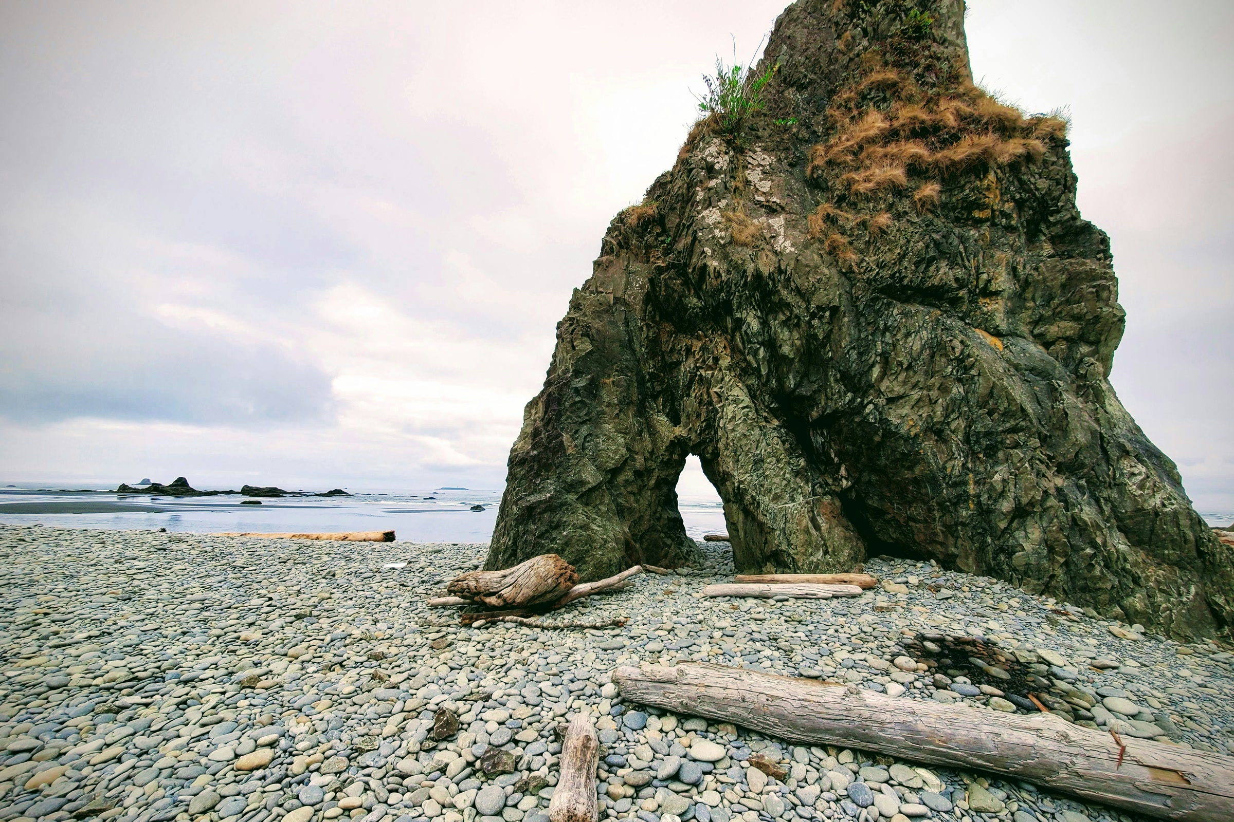 Arched sea stack rising from the cobble beach at Ruby Beach, with drift logs in the foreground