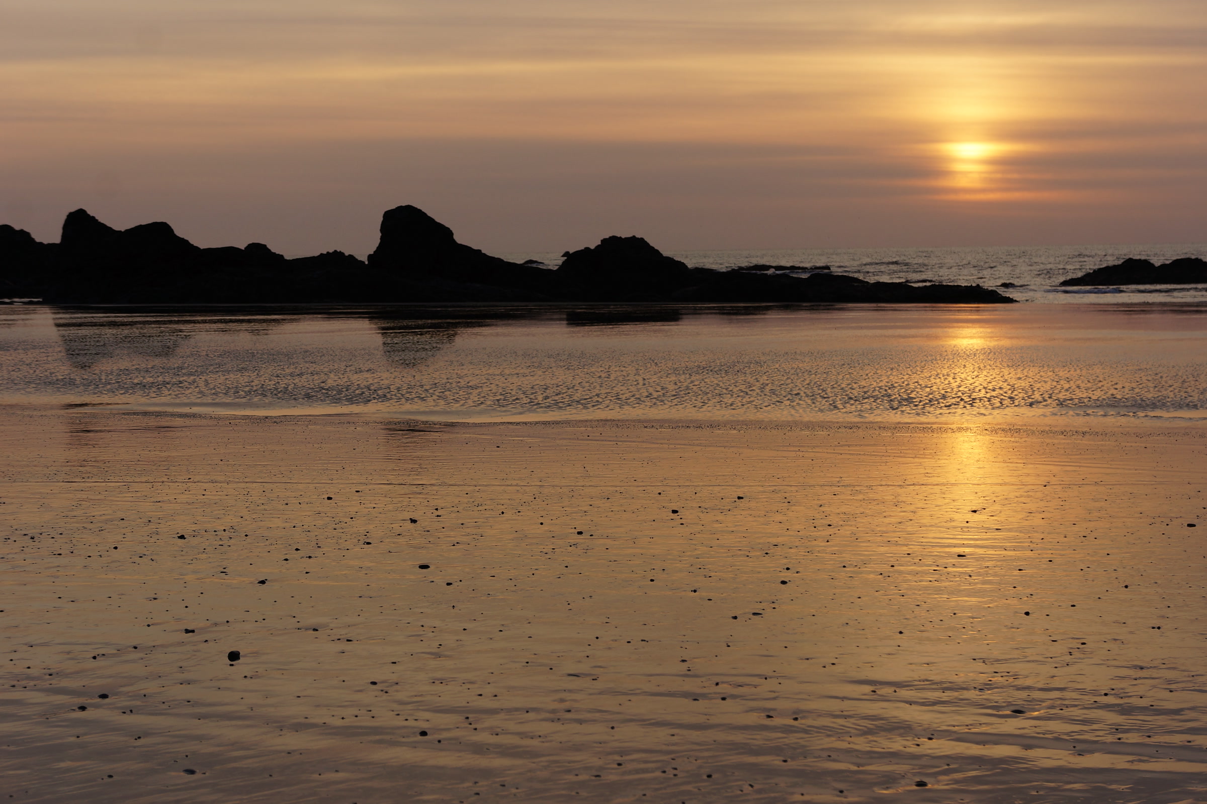 The sun sets behind dark sea stacks off Ruby Beach, its light reflecting on wet sand at low tide